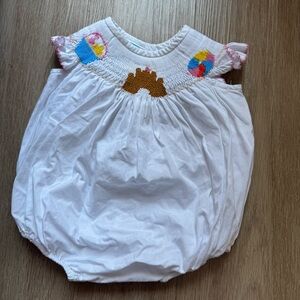 White Beach Baby Smocked Bubble Romper with Beach Themed Embroidery